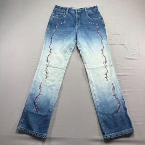 Jr-s.com Jeans Womens 9/10 Blue Denim Floral Embroidered Mid Rise Straight Leg